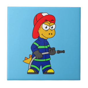 Illustratie van een Tyrannosaurus Rex brandweerman Tegeltje