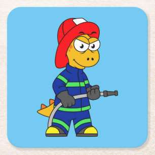 Illustratie van een Tyrannosaurus Rex brandweerman Vierkante Kartonnen Onderzetter