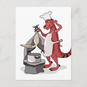 Illustratie van een Tyrannosaurus Rex kok koken. Briefkaart