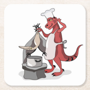 Illustratie van een Tyrannosaurus Rex kok koken. Vierkante Kartonnen Onderzetter