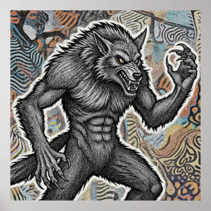 Illustratie van een vintage weerwolf - Felle gotis Poster