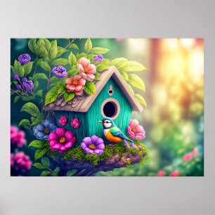Illustratie van een vogelhuisje voor vogelspotters poster