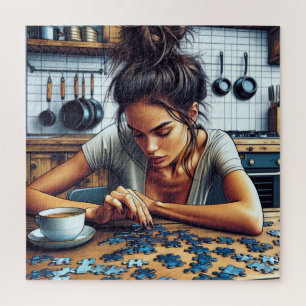 Illustratie van een vrouw die een puzzel maakt legpuzzel