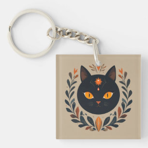 Illustratie van een zwarte kat met levendige ogen sleutelhanger