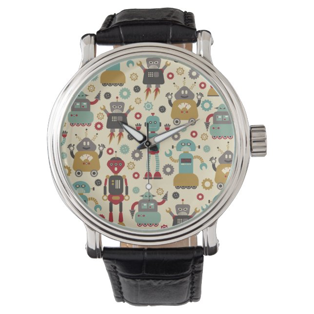 Illustratie van Fun Retro-robots (Cream) Horloge (Voorkant)