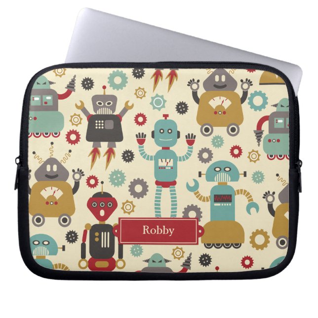 Illustratie van Fun Retro-robots (Cream) Laptop Sleeve (Voorkant)