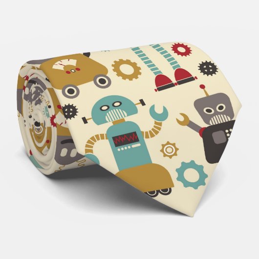 Illustratie van Fun Retro-robots (Cream) Stropdas (Opgerold)