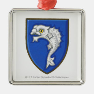 Illustratie van het heraldische vissymbool op het  metalen ornament