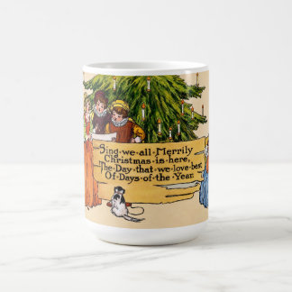 Illustratie van kerstliedjeszangers in victoriaans koffiemok