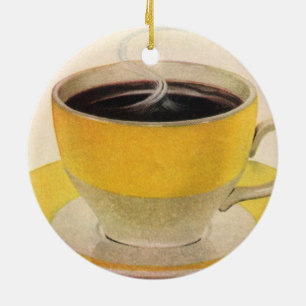 Illustratie van koffie in een gele kop in vintage keramisch ornament