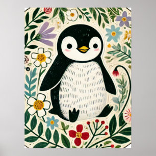 Illustratie van pinguïnliefhebbers met wilde bloem poster