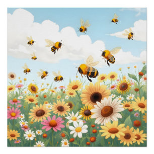 Illustratie van schattige bijen en bloemen perfect poster