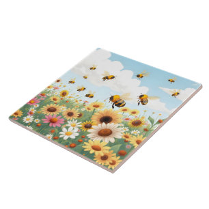 Illustratie van schattige bijen en bloemen tegeltje