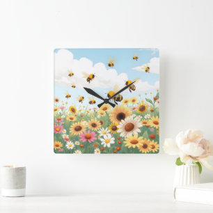 Illustratie van schattige bijen en bloemen vierkante klok