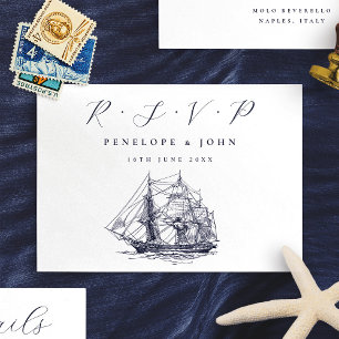 Illustratie van scheepsbestemming trouwlocatie RSVP kaartje