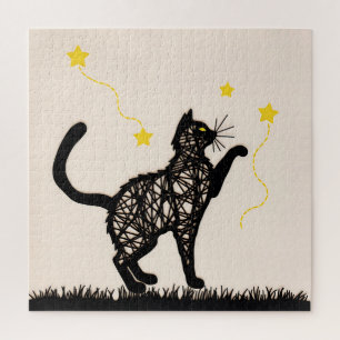 Illustratie van speelse sterren met zwarte kat legpuzzel