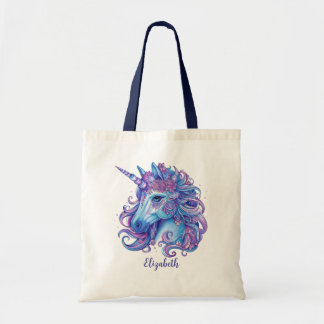Illustratie van Unicorn Blue Lila Roze Tote Bag
