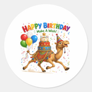 Illustratie van verjaardagsfeestje met kameel ronde sticker