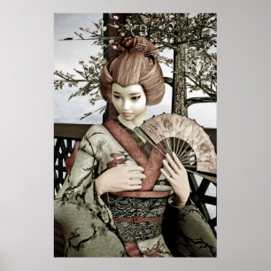 Illustratie van vintage geisha-kimono-waaier poster