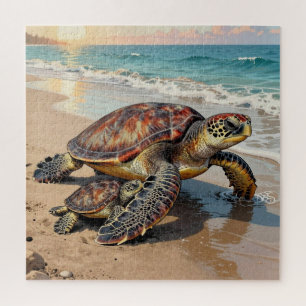 Illustratie van zeeschildpad en baby op het strand legpuzzel