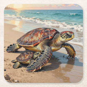 Illustratie van zeeschildpad en baby vierkante kartonnen onderzetter