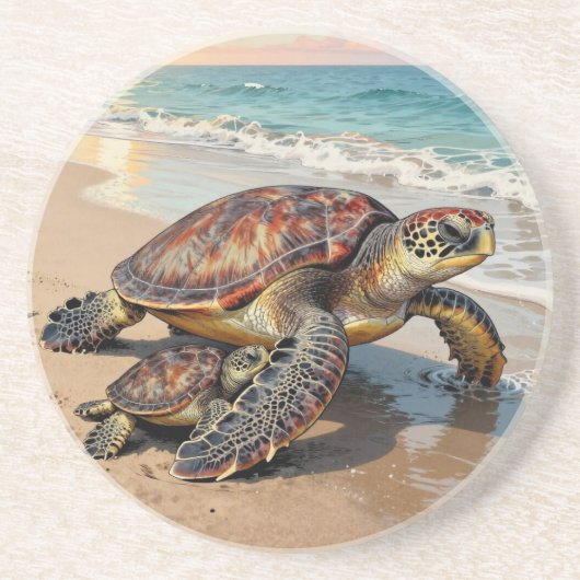Illustratie van zeeschildpad en baby zandsteen onderzetter (Voorkant)