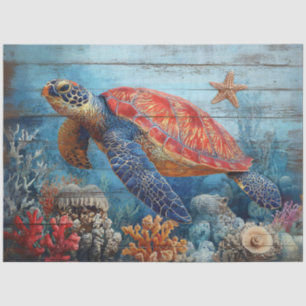 Illustratie van zeeschildpad op houten decoupage tissuepapier