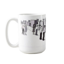 Illustratie van zes mensen op een dak van een stad