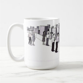 Illustratie van zes mensen op een dak van een stad koffiemok