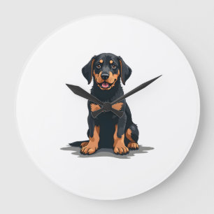 Illustratie van zwart en bruine hond van achteren  grote klok