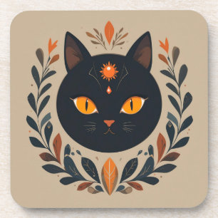 Illustratie van zwarte kat met levendige ogen bier onderzetter