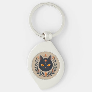 Illustratie van zwarte kat met levendige ogen sleutelhanger