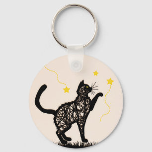 Illustratie van Zwarte Kat met Speelse Sterren Sleutelhanger