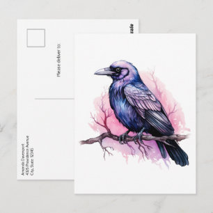 Illustratie van zwarte raaf op tak briefkaart