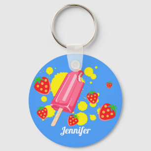 Illustratie vun roze papegaai en aardbeien sleutelhanger