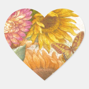 Illustratie: zonnebloem en vlinder personaliseren hart sticker