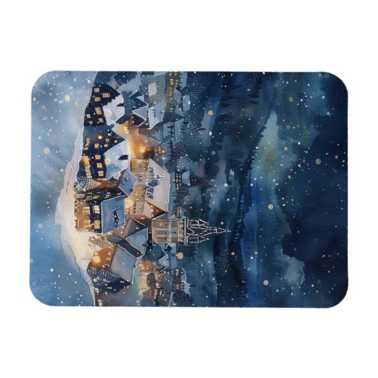 Illustratief van nacht hemel Dorp in sneeuw Magneet (Horizontaal)