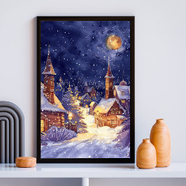 Illustratief van Xmas Village in sneeuwnacht Perfect Poster
