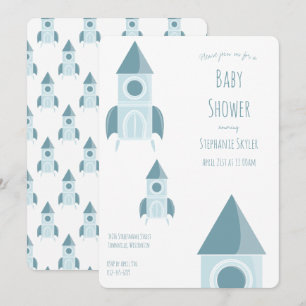 Illustratief White Blue Rocket Ship Baby shower Kaart