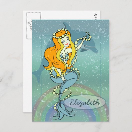 Illustratieontwerp Mermaid Rainbow en Dolphin Briefkaart (Voorkant / Achterkant)