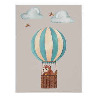 Illustratieposter met beer in hete luchtballon perfect poster