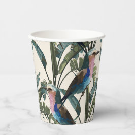 Illustraties van exotische bananen, bladeren, voge papieren bekers