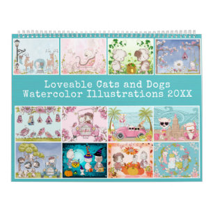 Illustraties van Schattige Waterverf "Katten en ho Kalender