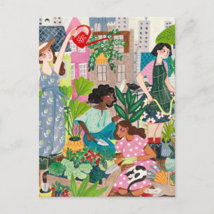 Illustraties van vrouwen in stadstuinieren briefkaart