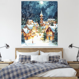 Illustratieve kerststad in de sneeuw canvas afdruk