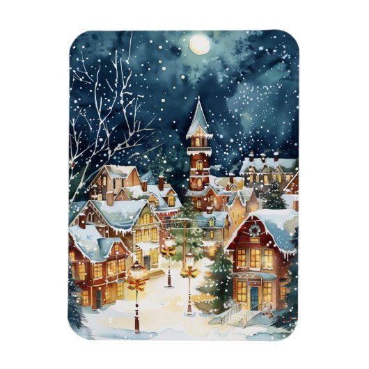 Illustratieve kerststad in de sneeuw magneet (Verticaal)