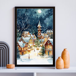 Illustratieve kerststad in de sneeuw poster