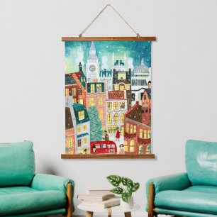 Illustratieve Londense stad in de Kerstmis sneeuw Hangend Wandkleed