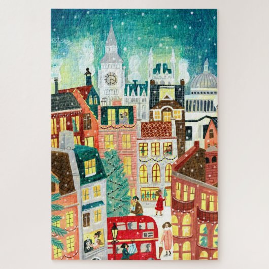 Illustratieve Londense stad in de sneeuwkerst Legpuzzel (Verticaal)