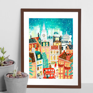 Illustratieve Londense stad met kerst in de sneeuw Poster